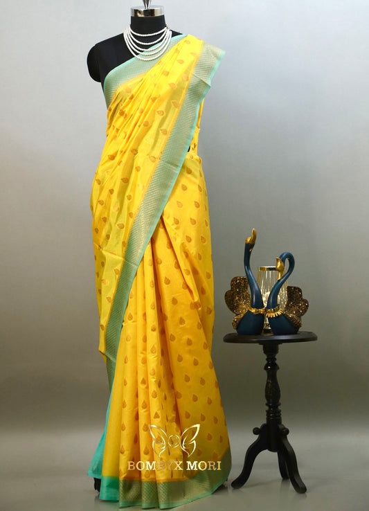 Aureolin and Mint Green Bombyx Banarasi saree