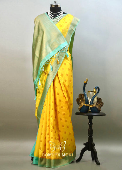 Aureolin and Mint Green Bombyx Banarasi saree