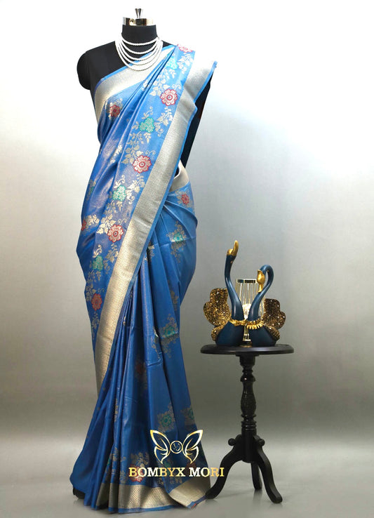 Dodger Blue Bombyx Banarasi saree