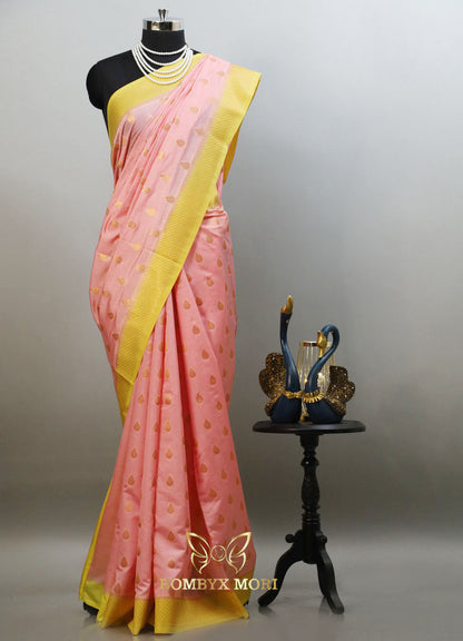 Carnation Pink and Bright Yellow Bombyx Banarasi Saree