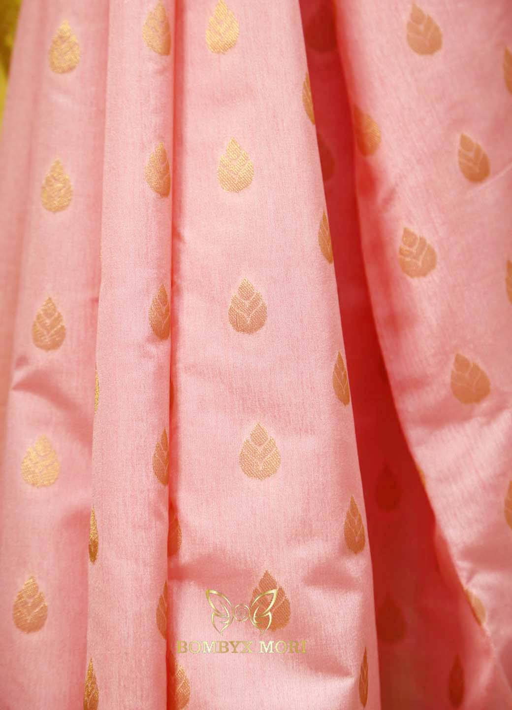 Carnation Pink and Bright Yellow Bombyx Banarasi Saree