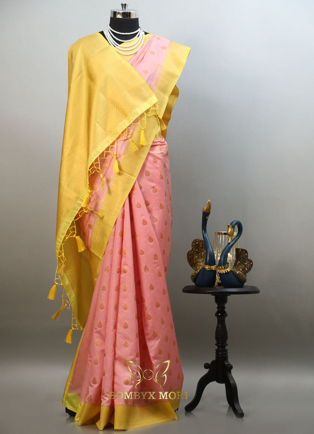 Carnation Pink and Bright Yellow Bombyx Banarasi Saree