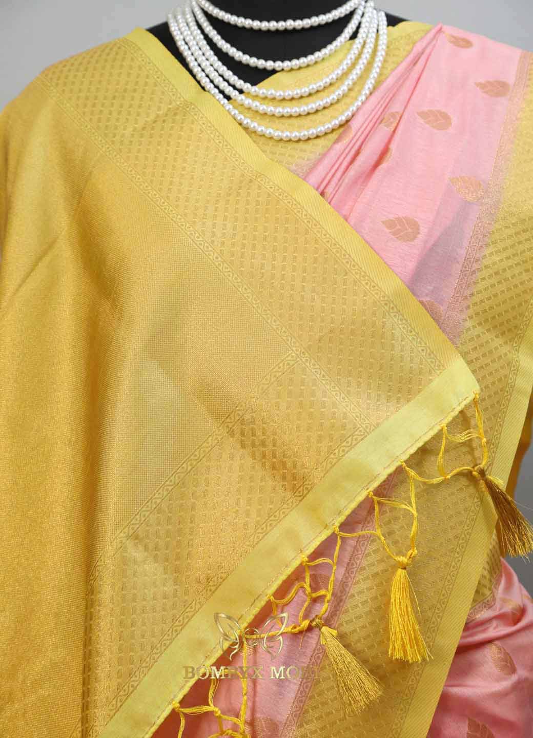 Carnation Pink and Bright Yellow Bombyx Banarasi Saree