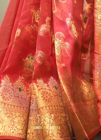 Coral Red Organza Saree