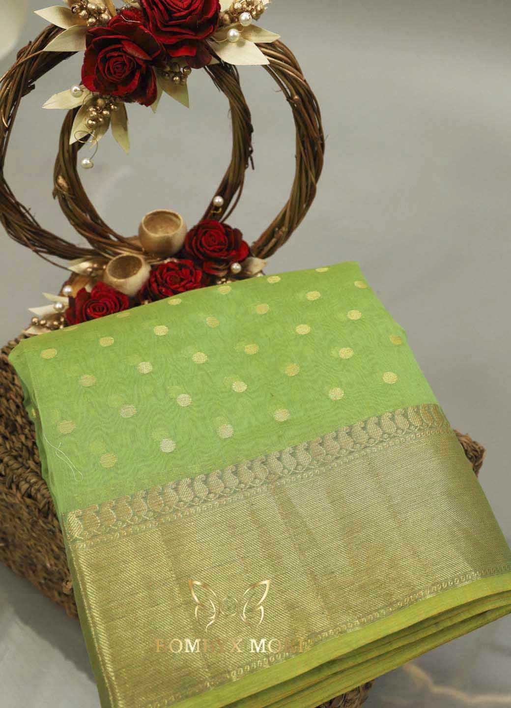 lime green Kashi Banarasi silk Saree