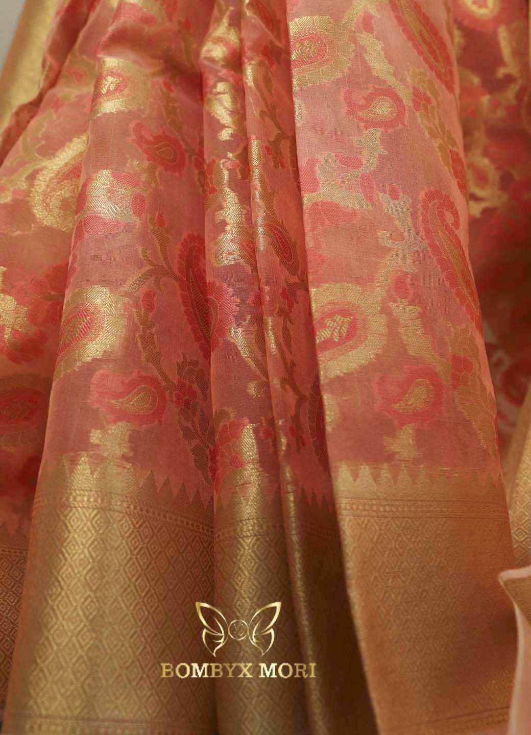 Sea Pink and Golden Kashi Banarasi Saree