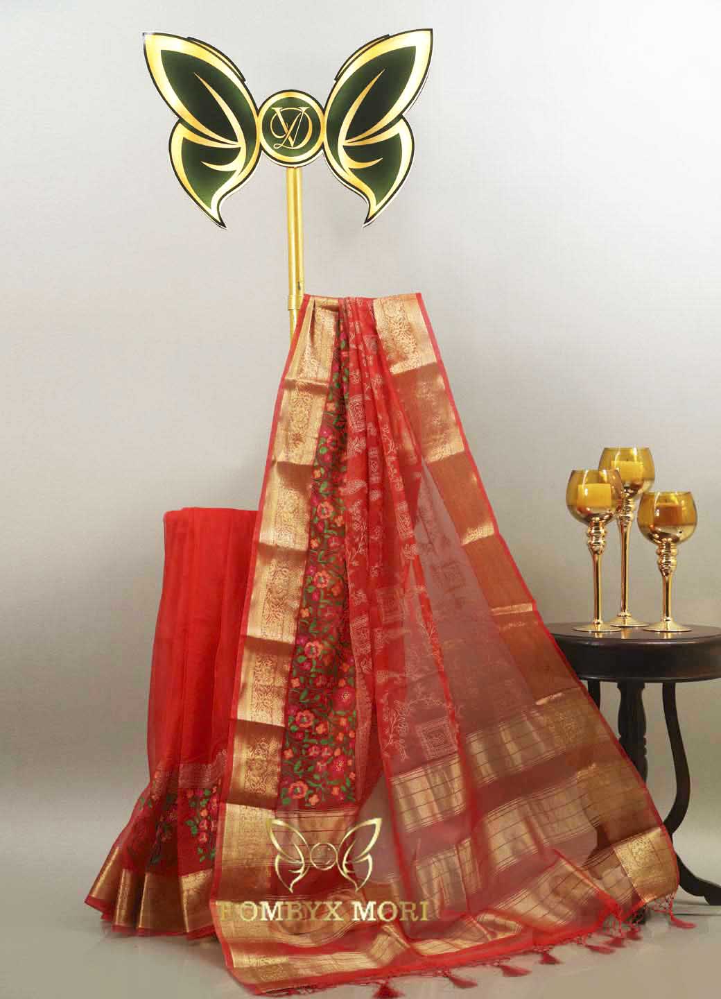 Red flower Organza Saree