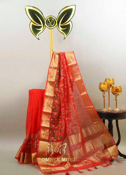 Red flower Organza Saree