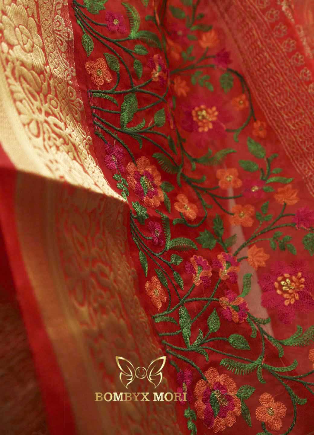 Red flower Organza Saree