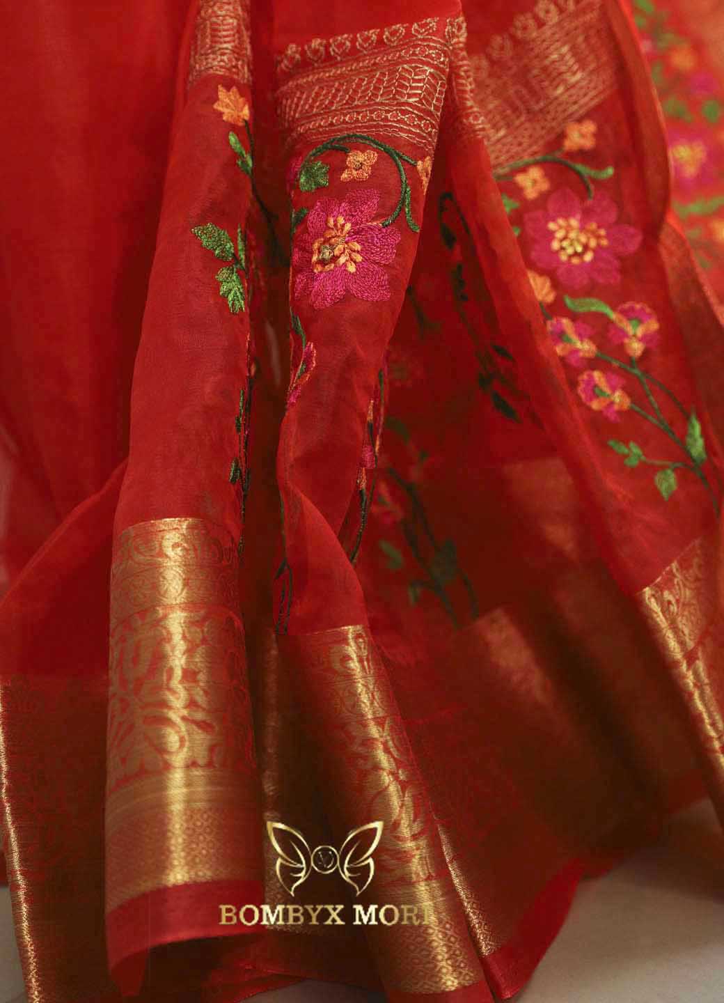 Red flower Organza Saree