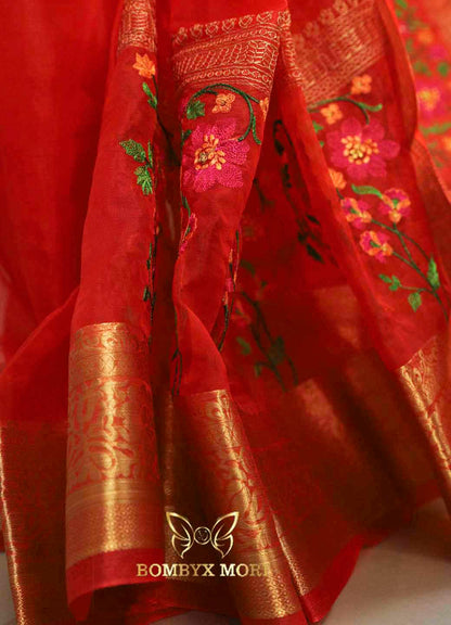 Red flower Organza Saree