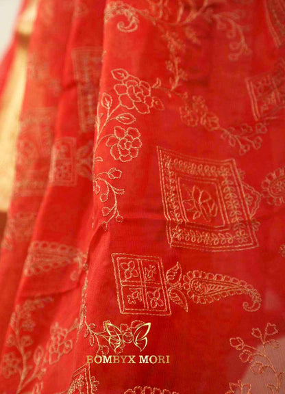 Red flower Organza Saree