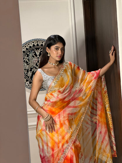 Pink Orange Tie Dye Saree