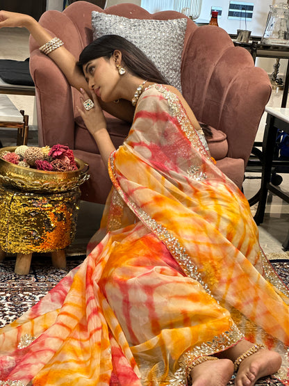 Pink Orange Tie Dye Saree