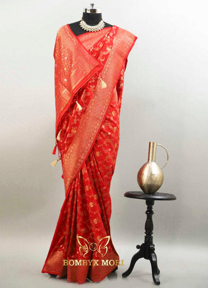 Vermillion Red Bombyx Banarasi saree