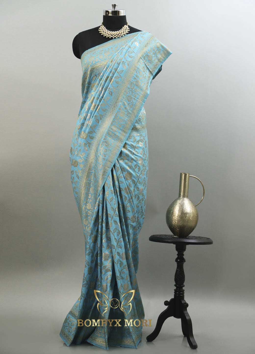 Blossomy Blue Bombyx Banarasi Saree