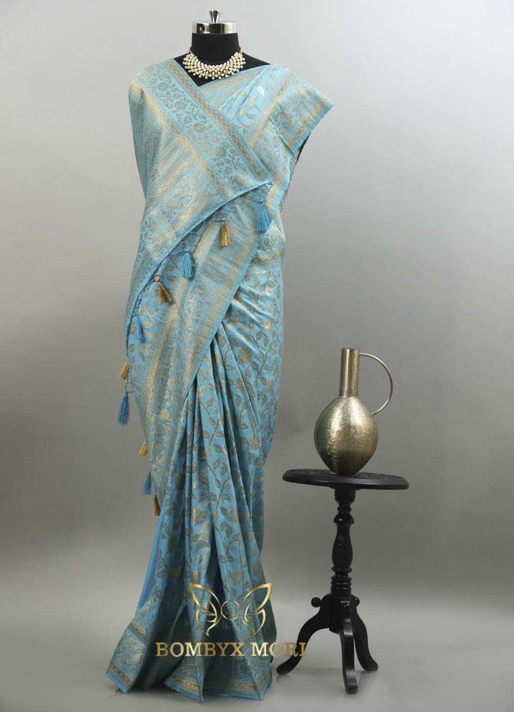 Blossomy Blue Bombyx Banarasi Saree