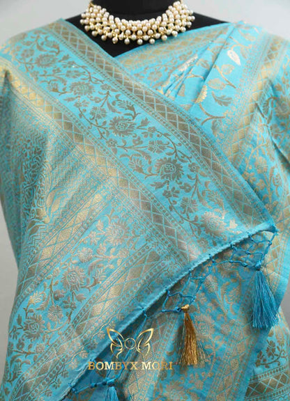 Blossomy Blue Bombyx Banarasi Saree