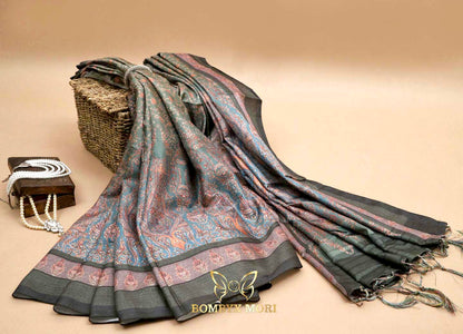 Dual Shade Blue and Green printed Kashmiri Saree