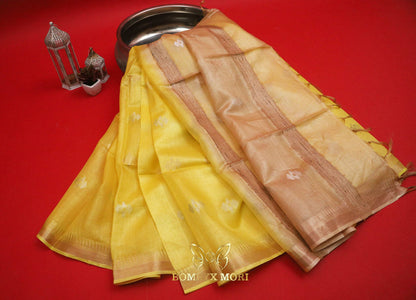 Lemon Yellow and Beige Bhagalpuri Silk Saree