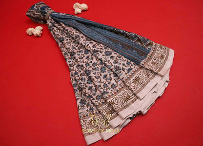 Beige and Blue Printed Kashida