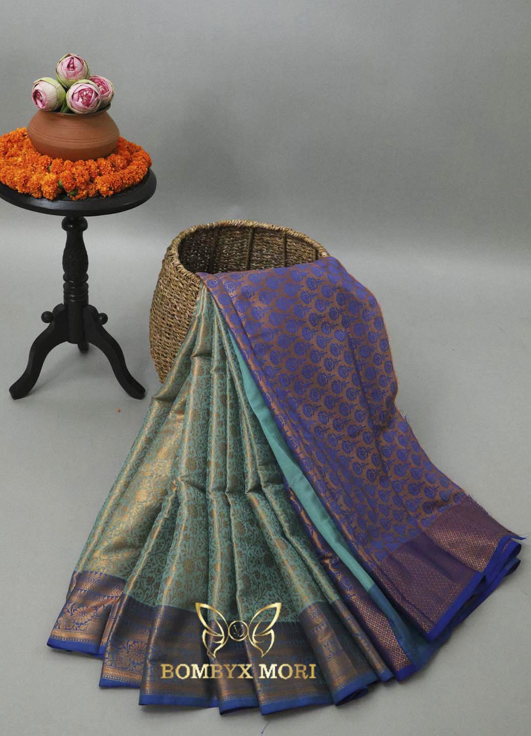 Pistachio Green and Neon Blue Bombyx Banarasi saree