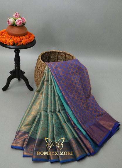 Pistachio Green and Neon Blue Bombyx Banarasi saree