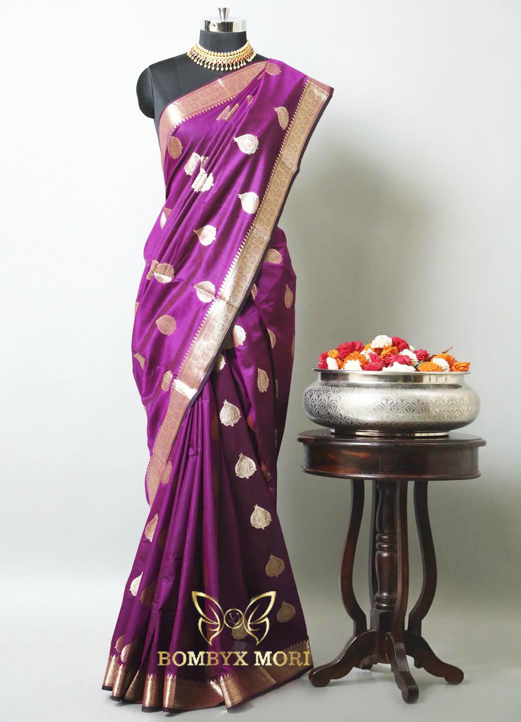 Wine and Golden Bombyx Banarasi saree