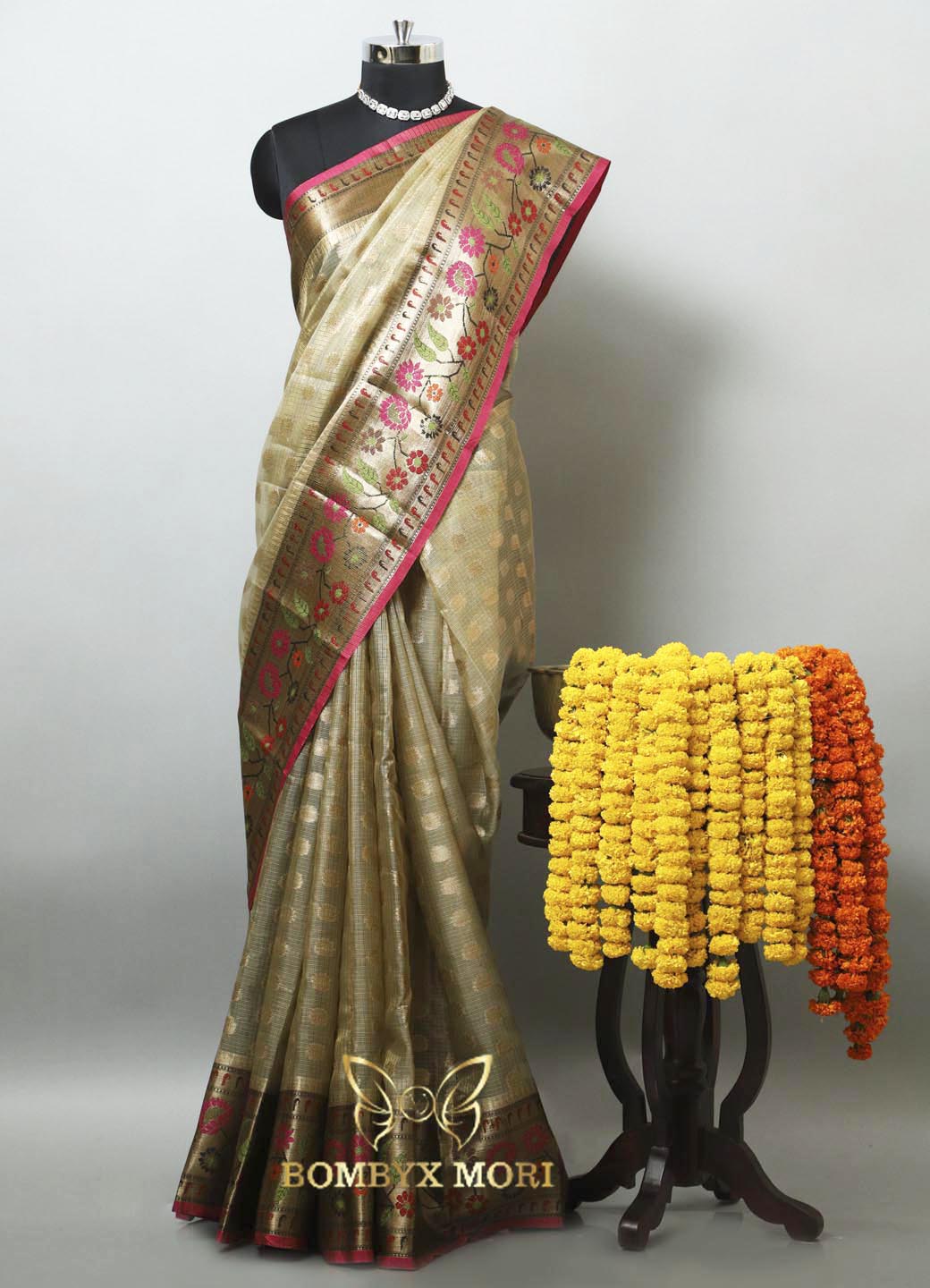 Dark Golden and Pink Tissue Saree