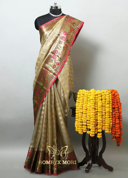 Dark Golden and Pink Tissue Saree