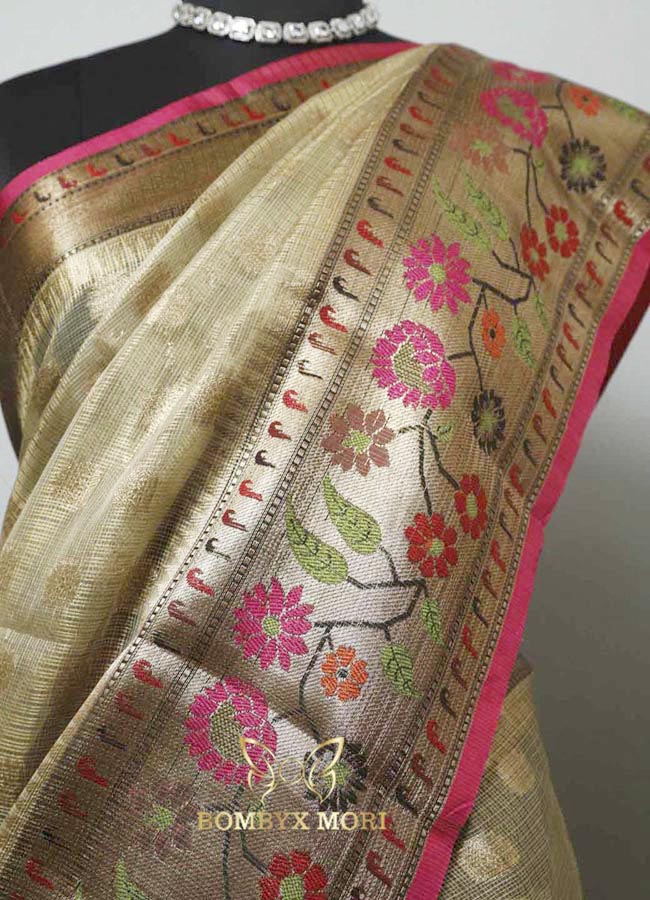 Dark Golden and Pink Tissue Saree