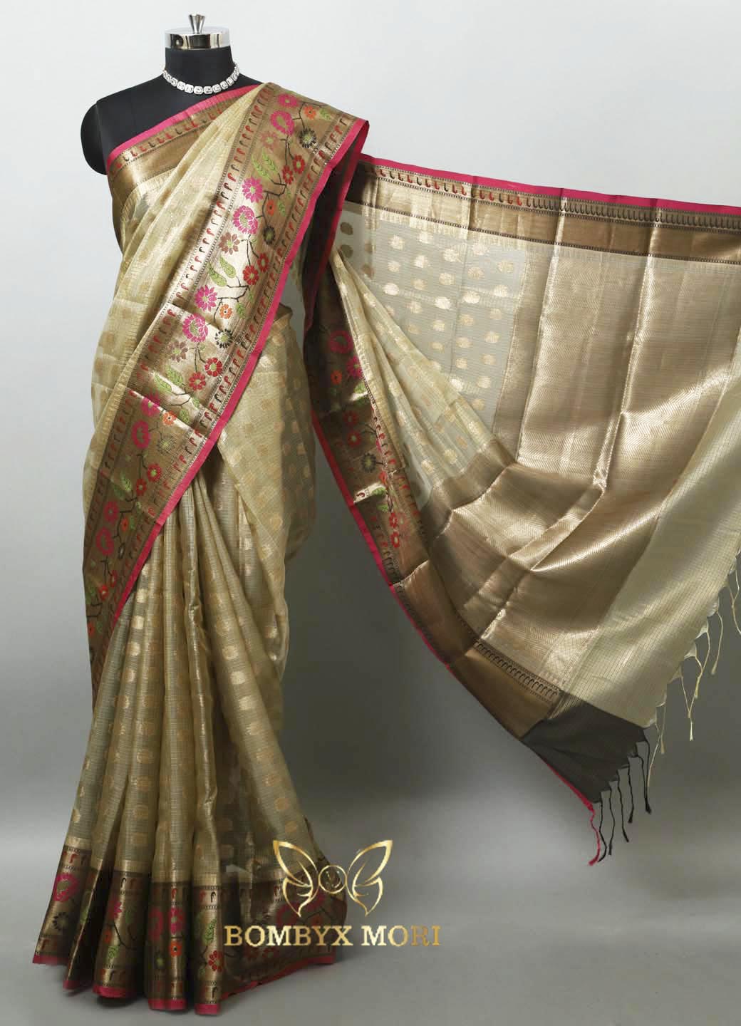 Dark Golden and Pink Tissue Saree