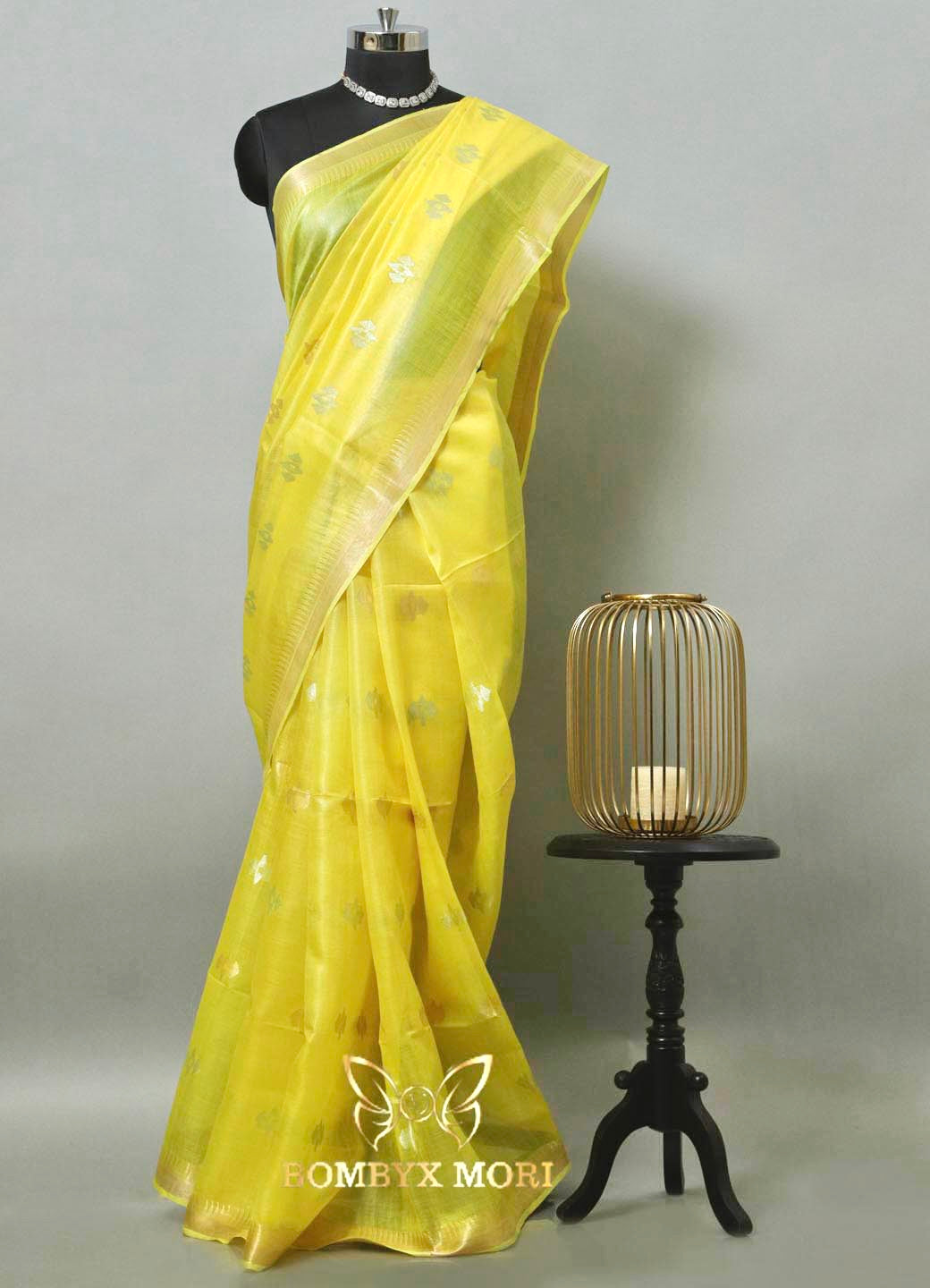 Lemon Yellow and Beige Bhagalpuri Silk Saree