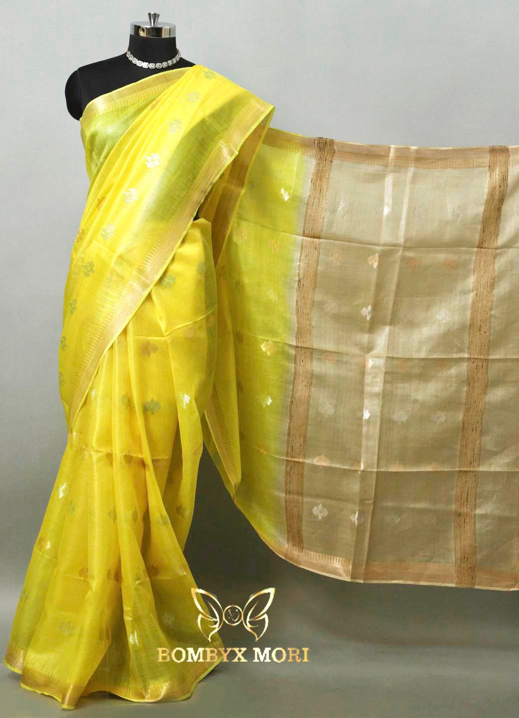 Lemon Yellow and Beige Bhagalpuri Silk Saree