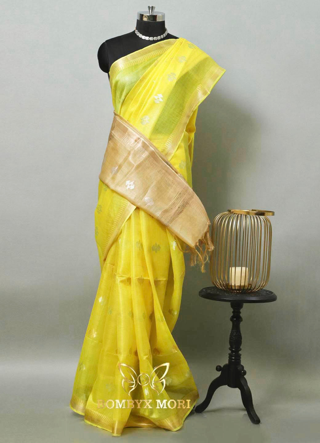 Lemon Yellow and Beige Bhagalpuri Silk Saree