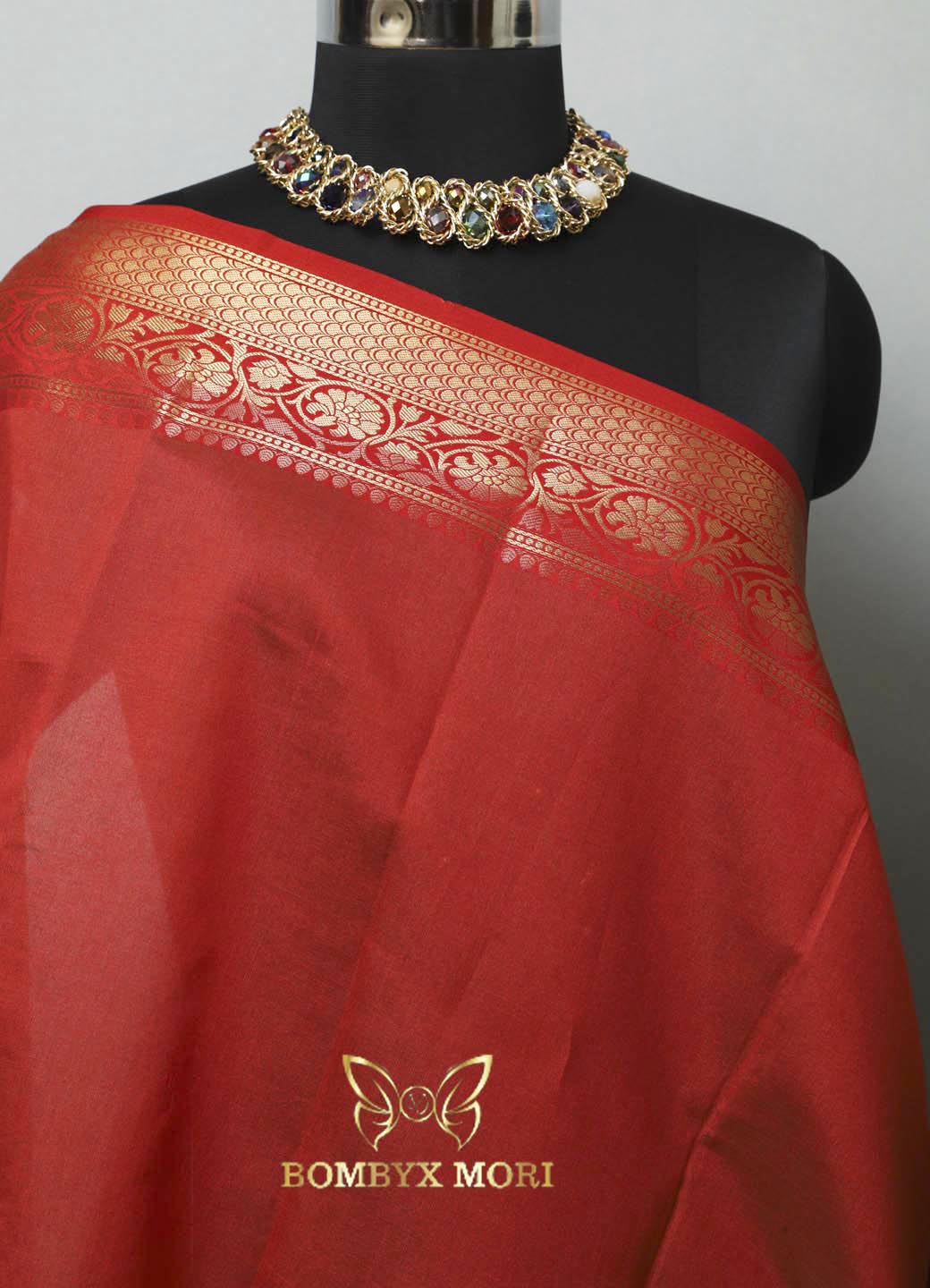 Peach and Red Bombyx Banarasi saree