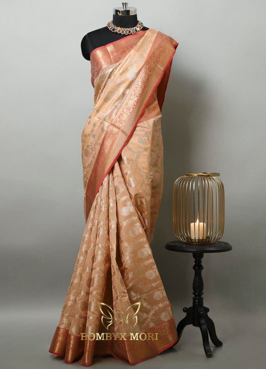 Peach and Red Bombyx Banarasi saree