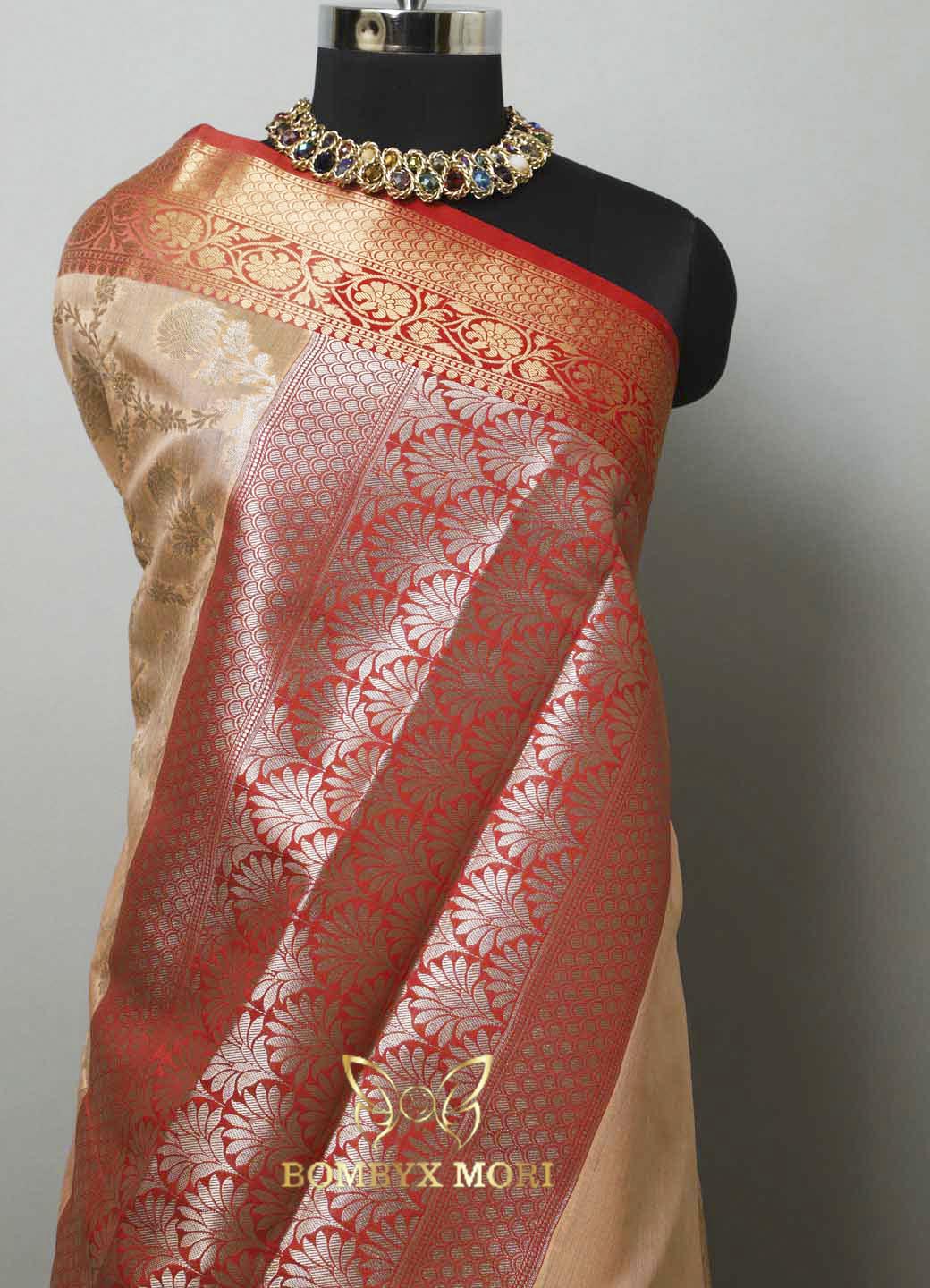 Peach and Red Bombyx Banarasi saree