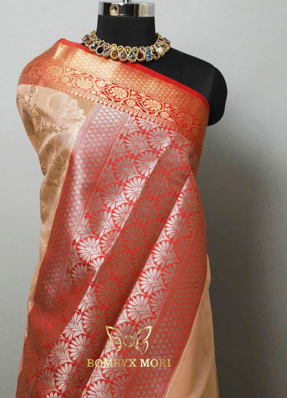 Peach and Red Bombyx Banarasi saree