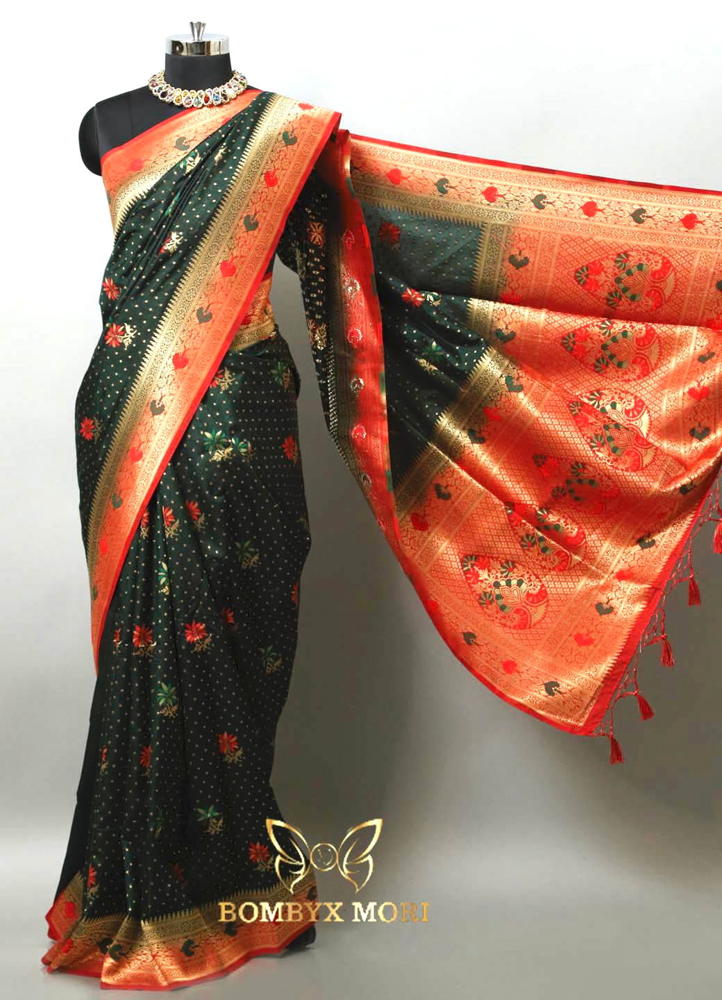 Deep Pine green and Red Uppada saree