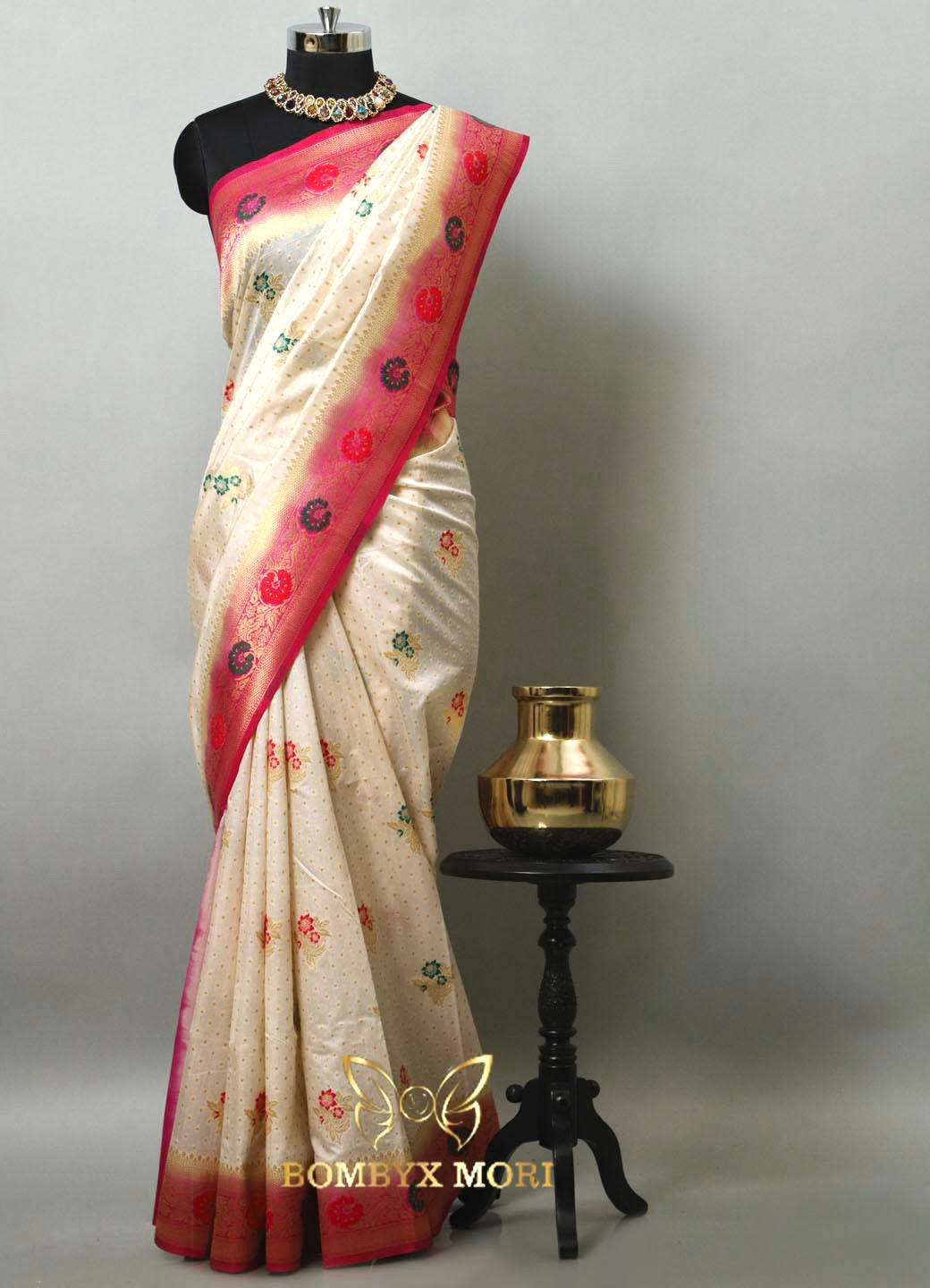 White and Pink Uppada silk saree