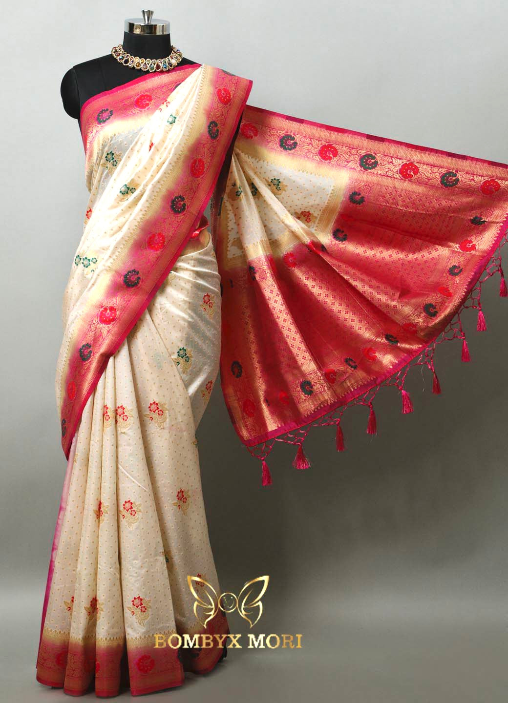 White and Pink Uppada silk saree