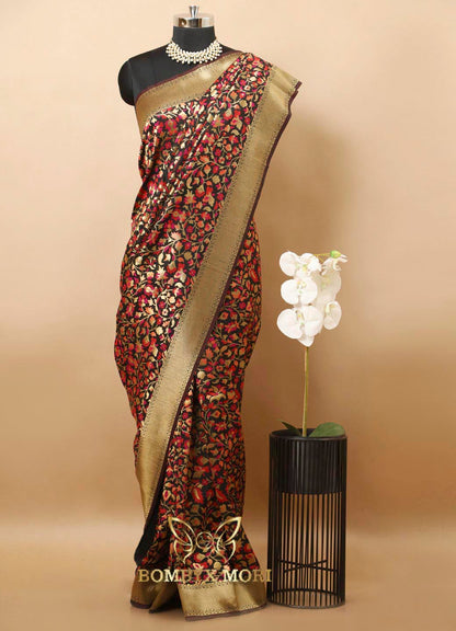 Blazing Black Pashmina Kashida Saree