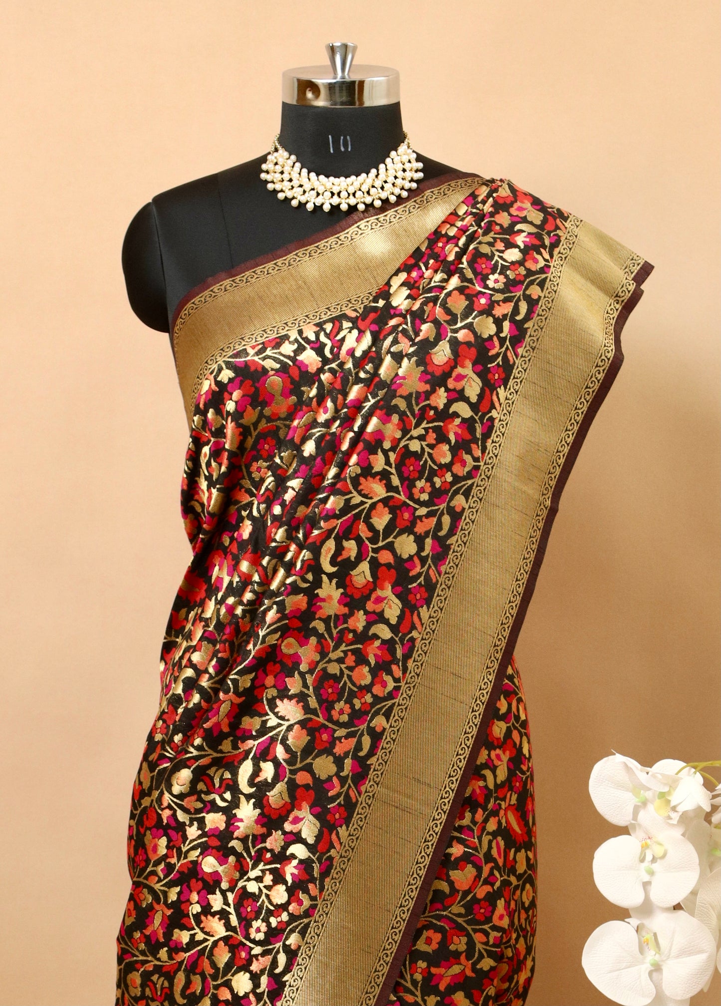 Blazing Black Pashmina Kashida Saree