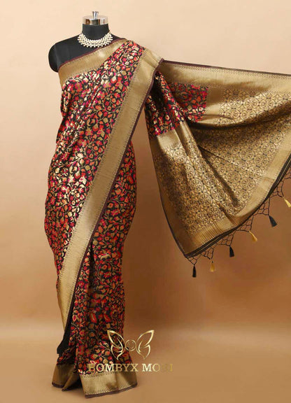 Blazing Black Pashmina Kashida Saree