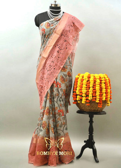 Cloud Grey & Rouge Pink floral Madhubani saree