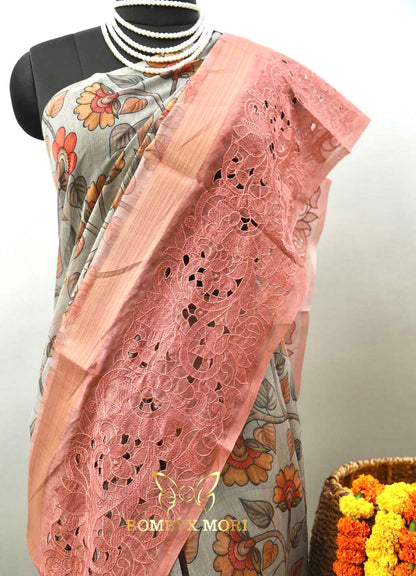 Cloud Grey & Rouge Pink floral Madhubani saree