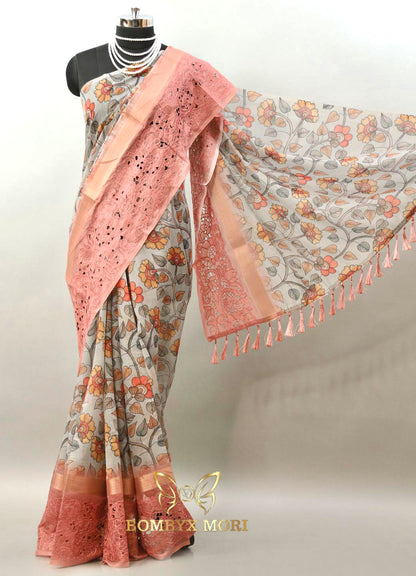 Cloud Grey & Rouge Pink floral Madhubani saree