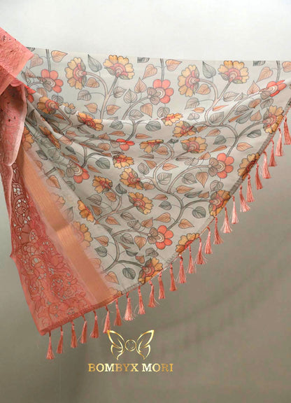 Cloud Grey & Rouge Pink floral Madhubani saree