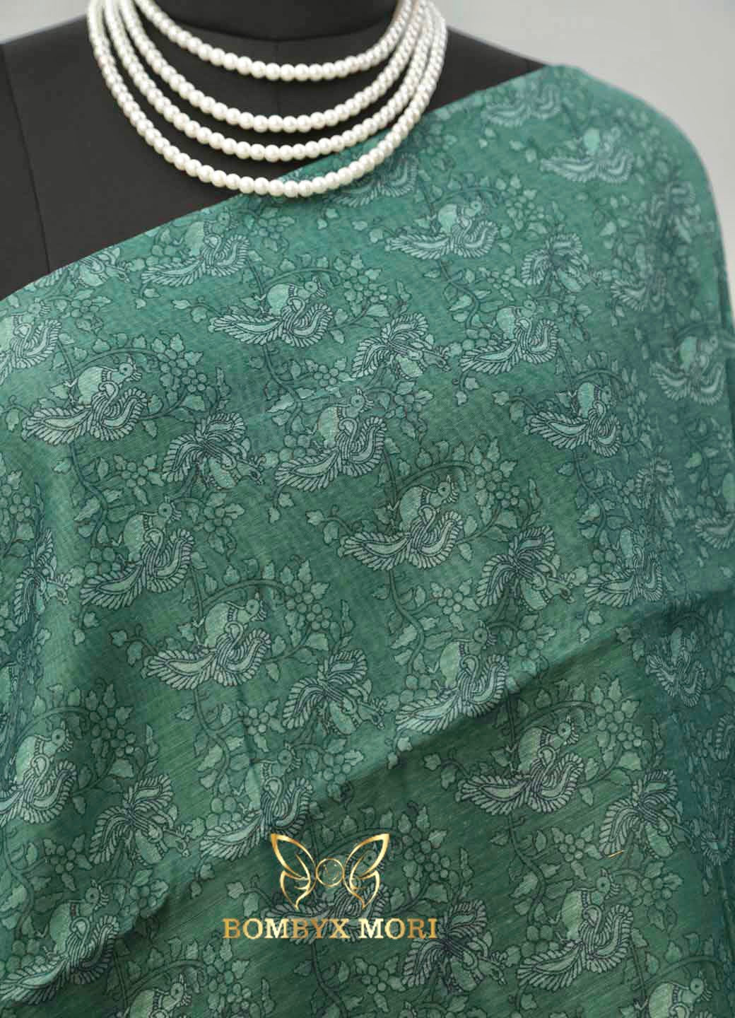 Pastel Yellow & Rough Green Floral Madhubani Saree